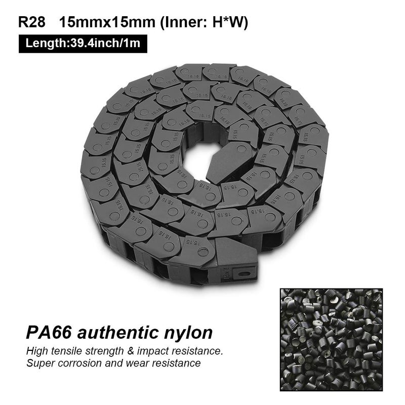LMioEtool R28 15mm x 15mm(Inner H x Inner W) Black Plastic Cable Wire Carrier Drag Chain 1M Length for CNC, with End Connectors - Bridge Type (Non-openable) - Image 2